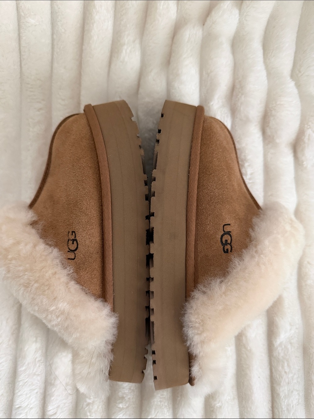 UGG Chestnut Suede Shearling Platform Mule Slippers